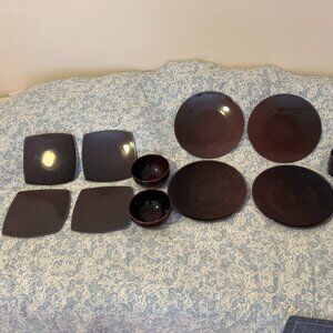 RARE Set of 12 Crate & Barrel Mahogany Coupe Cups Salad Plates Bowls Brown Japan